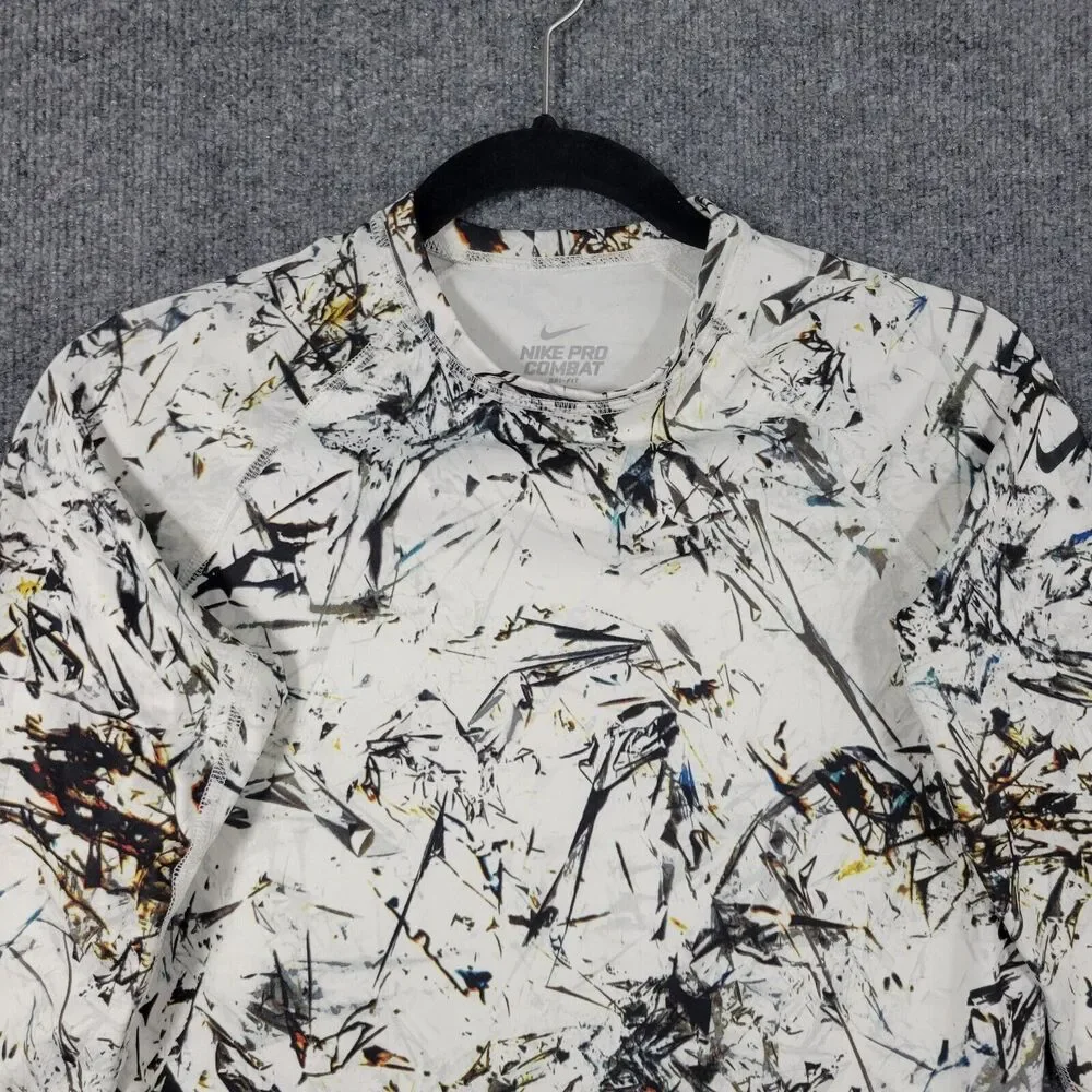 NIKE PRO COMBAT White Abstract Winter Camo Fitted Dri Fit Top SIZE MEDIUM